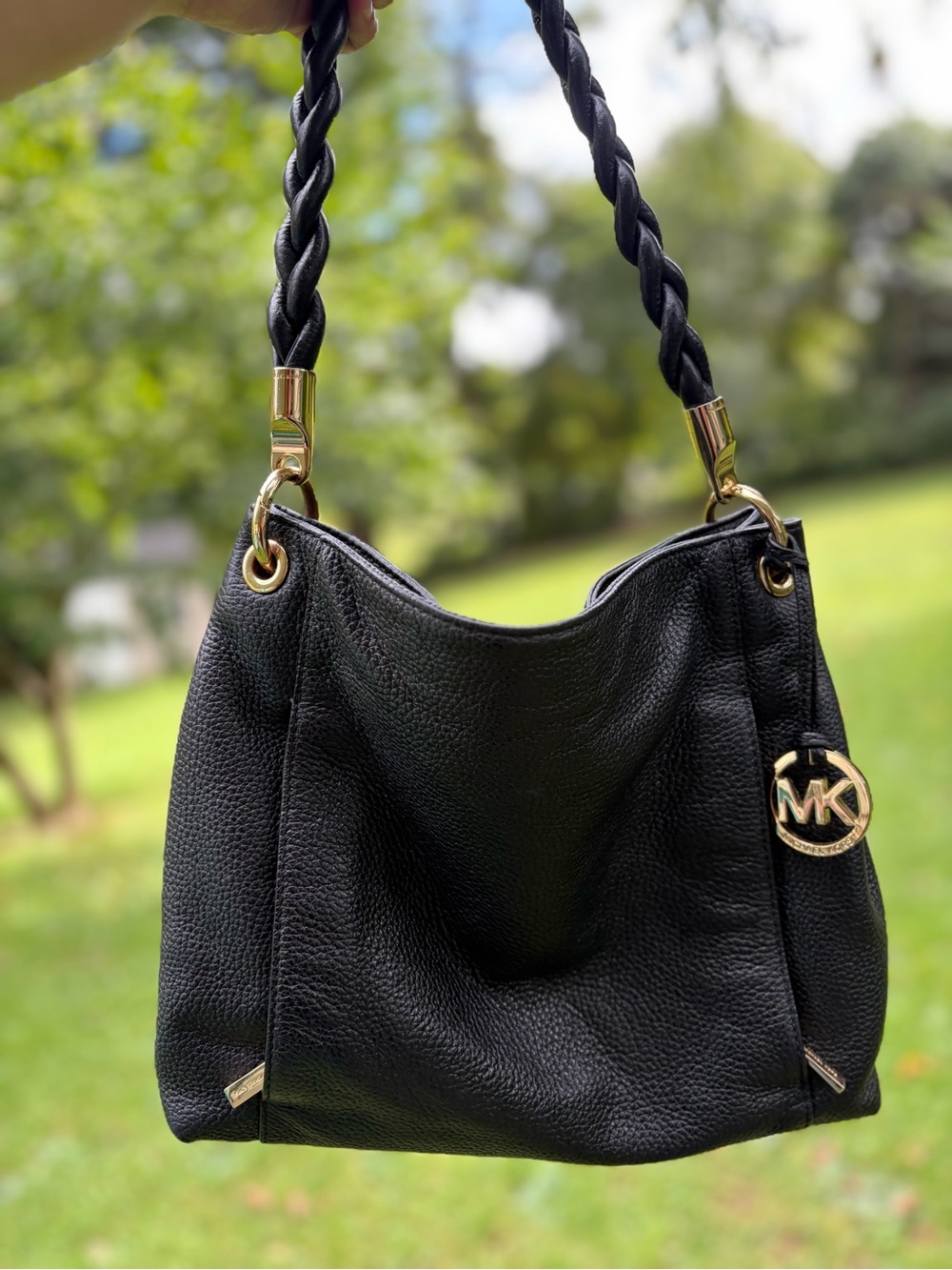 Rare Vintage Style Michael Kors Black & Gold Leather Hobo Bag W. Braided Handle